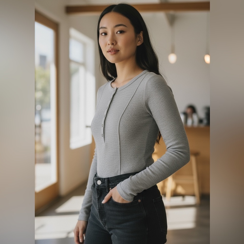 Intimately Free People Gray Thermal Streetwear Henley style bodysuit size medium